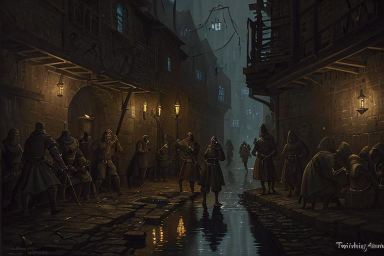 Prompt: Medieval thieves guild in the city sewers, oil painting, dimly lit with torches, gritty and realistic style, murky water reflecting torchlight, detailed cobblestone walls, mysterious figures lurking in the shadows, high quality, oil painting, medieval, dimly lit, gritty style, murky atmosphere, detailed environment