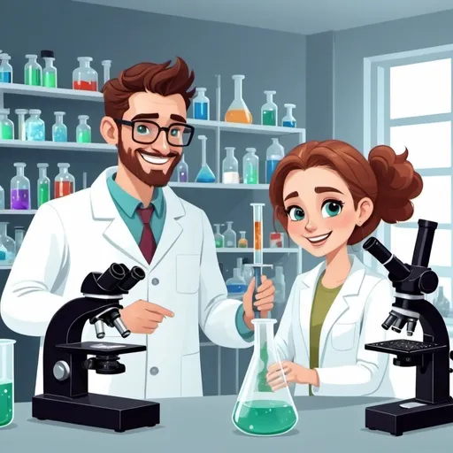 Prompt: Male chemist and female biologist and  in laboratory doing experiments. They smile and have fun. There can be also a microscope and platns in the room. Animated picture