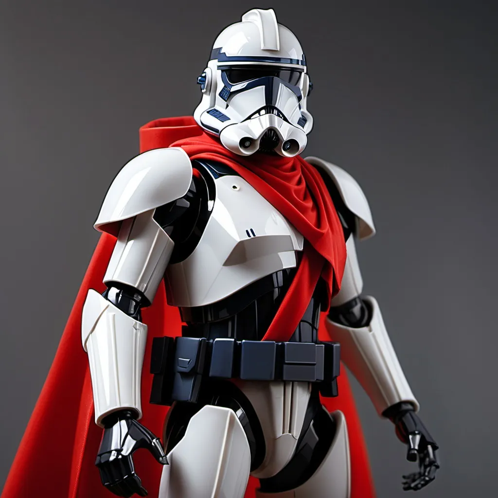 Prompt: Sci-fi Clone trooper wearing obsidian power armor with scarlet shoulder cape 