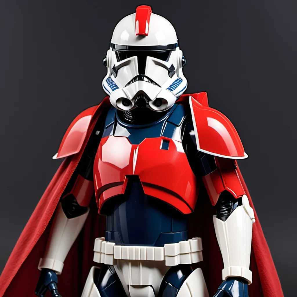 Prompt: Sci-fi Clone trooper wearing obsidian power armor with scarlet shoulder cape 