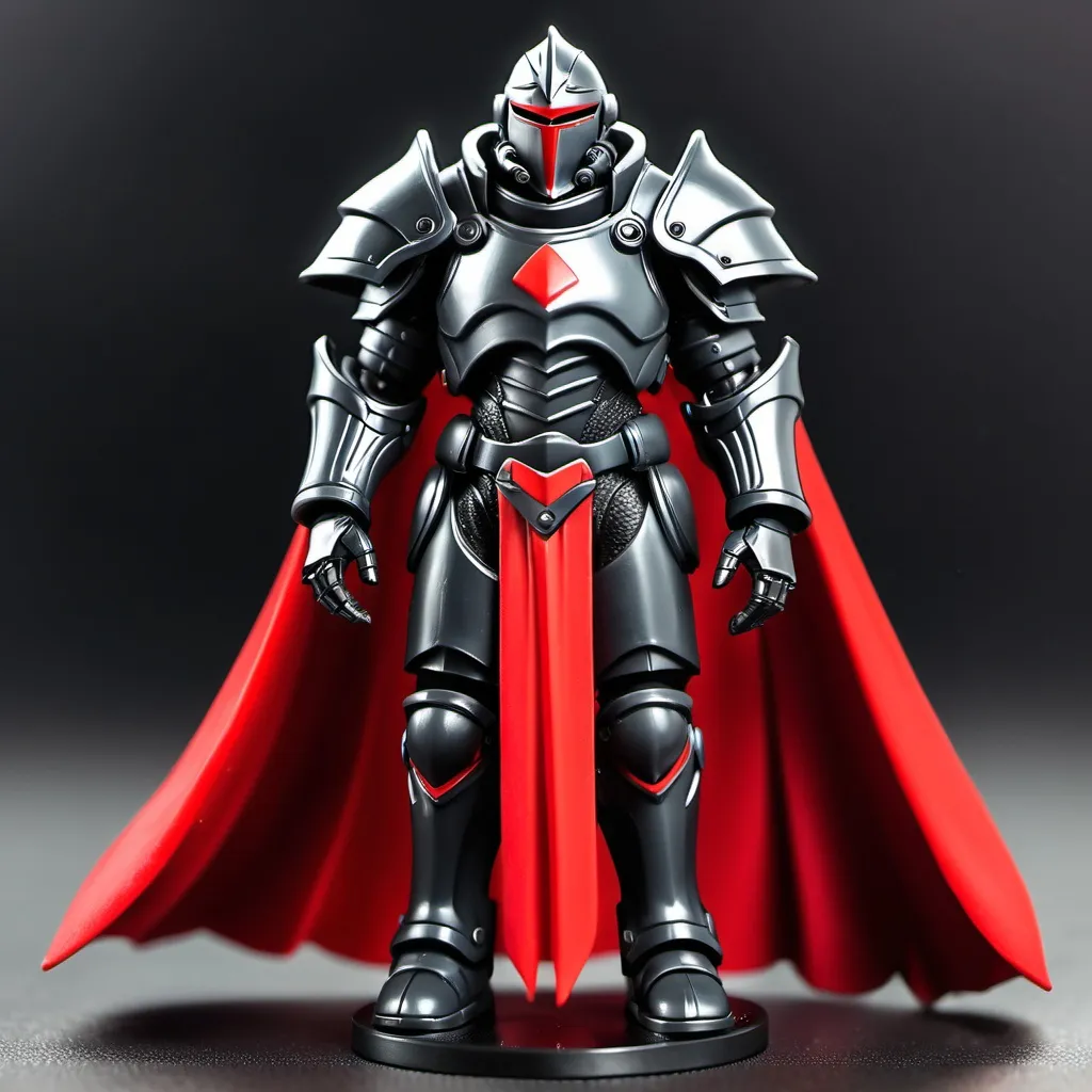 Prompt: Sci-fi Clone Knight in obsidian power armor with scarlet shoulder cape 