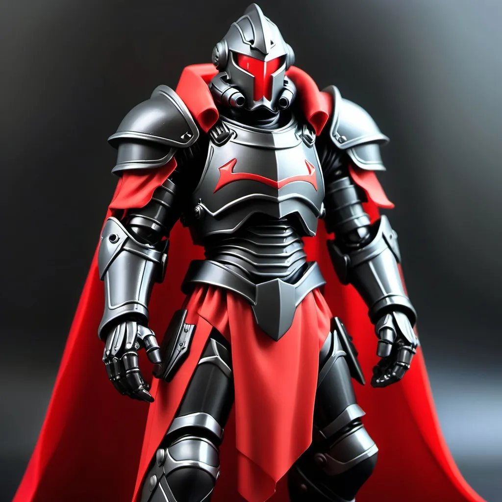 Prompt: Sci-fi Clone Knight in obsidian power armor with scarlet shoulder cape 