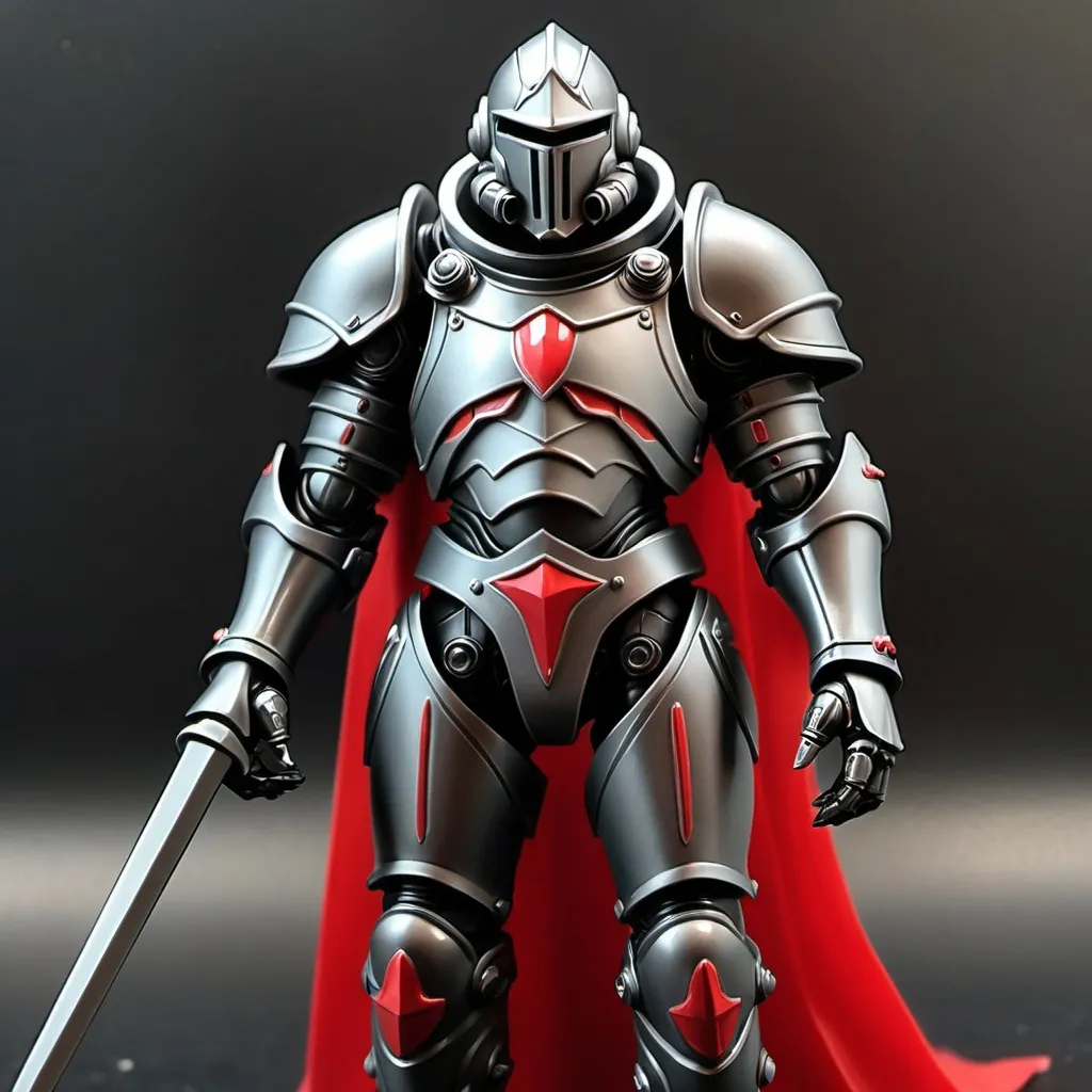 Prompt: Sci-fi Clone Knight in obsidian power armor with scarlet shoulder cape 