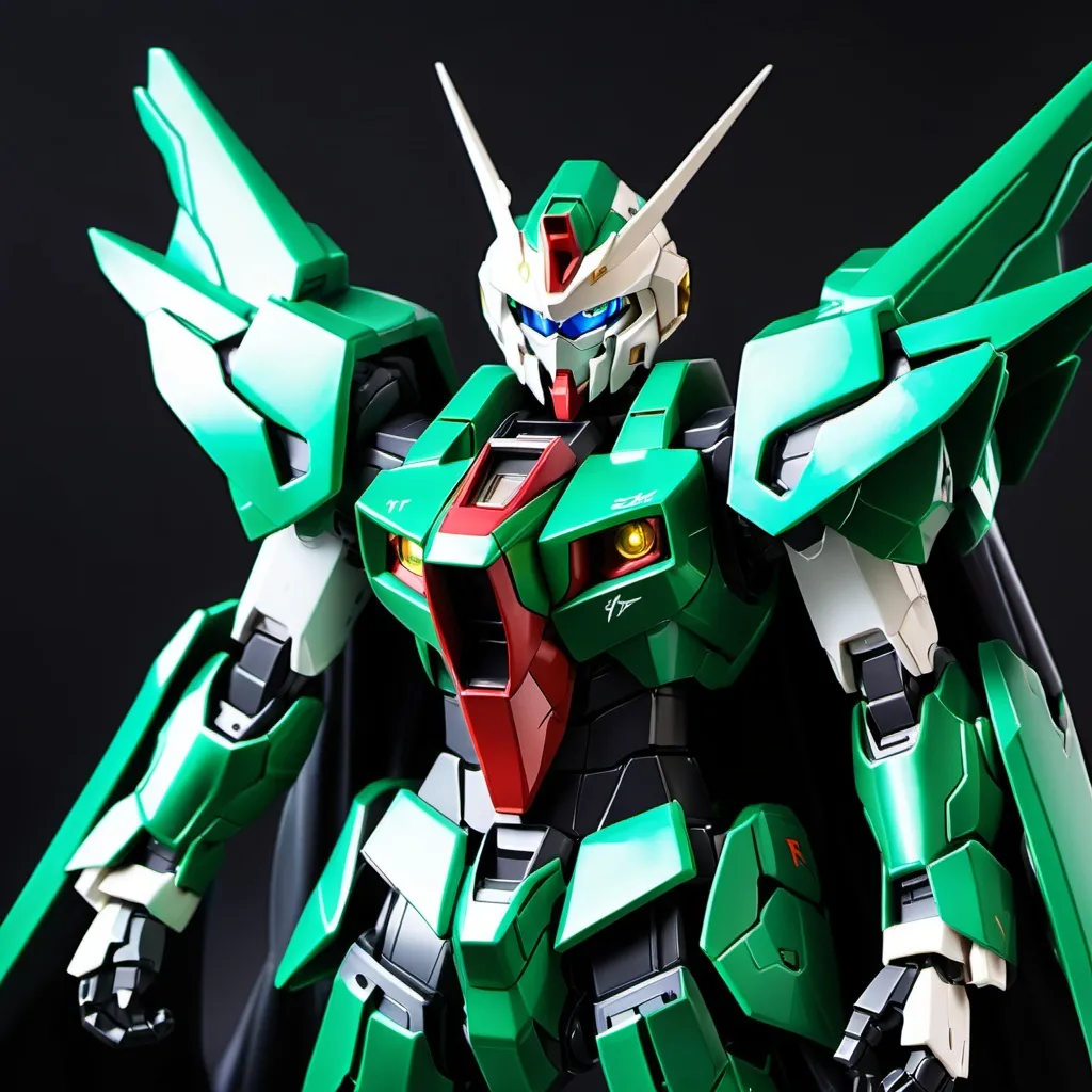 Prompt: Sci-fi gundam exia with emerald armor wearing black shoulder cape 