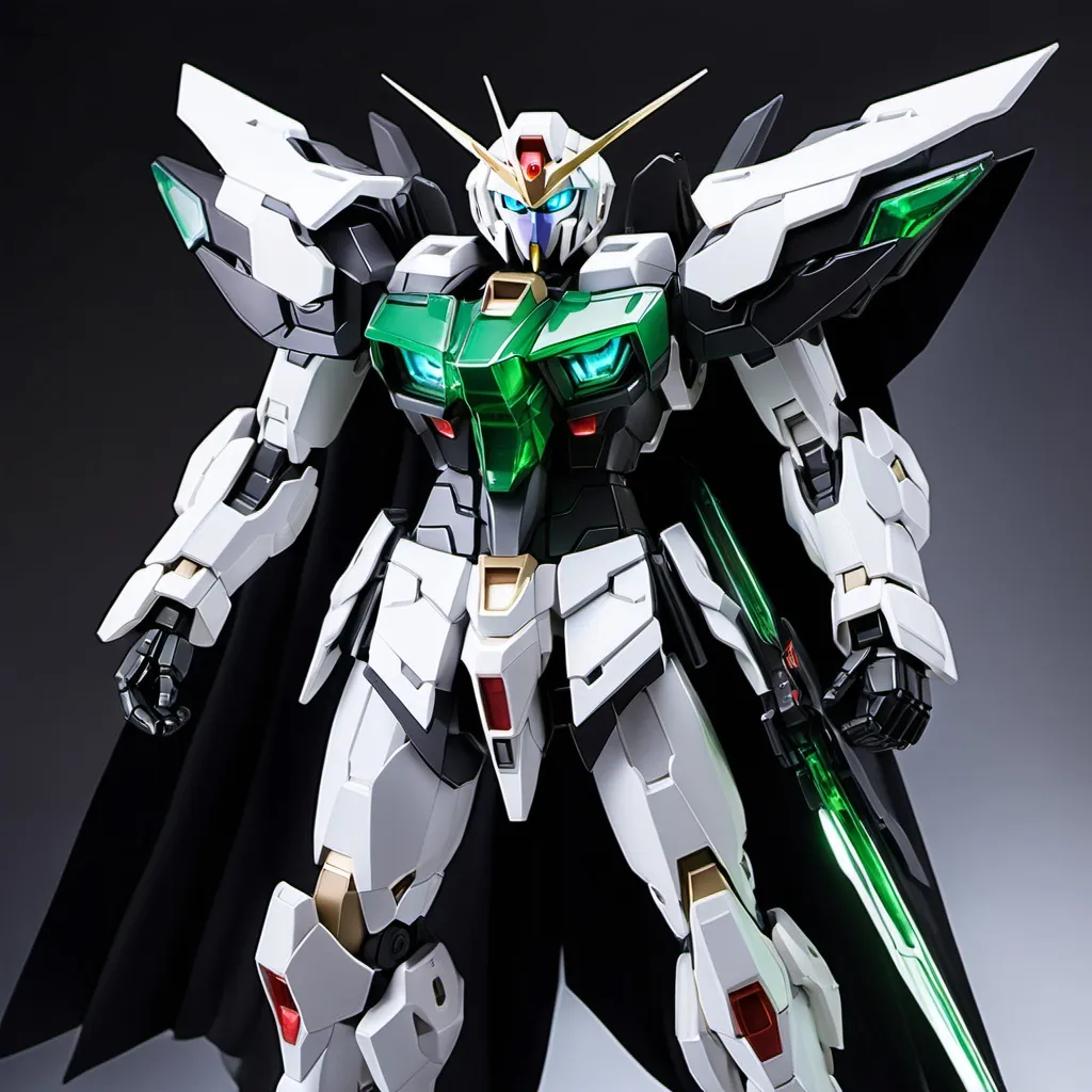 Prompt: Sci-fi gundam exia with emerald armor wearing black shoulder cape 