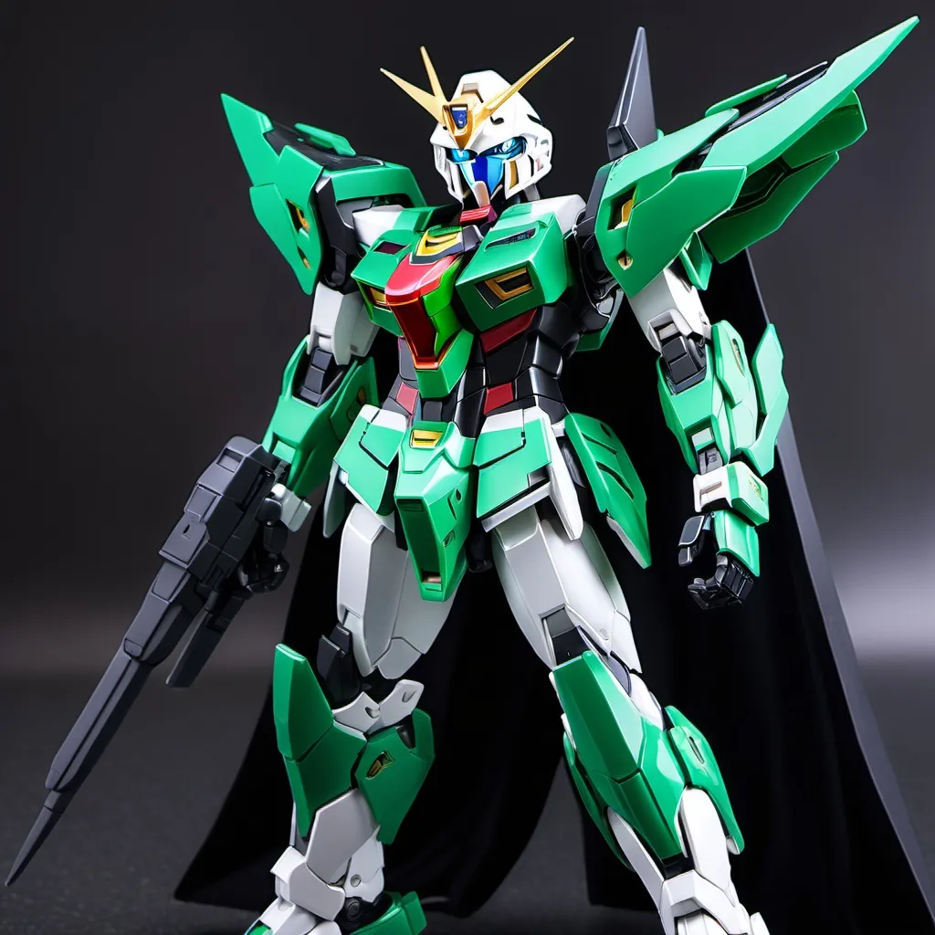 Prompt: Sci-fi gundam exia with emerald armor wearing black shoulder cape 