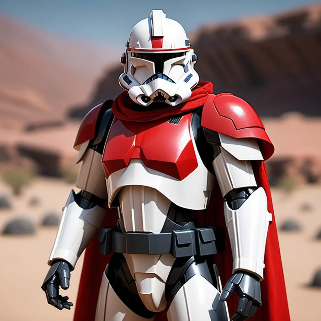 Prompt: Sci-fi Clone trooper wearing obsidian power armor with scarlet shoulder cape 