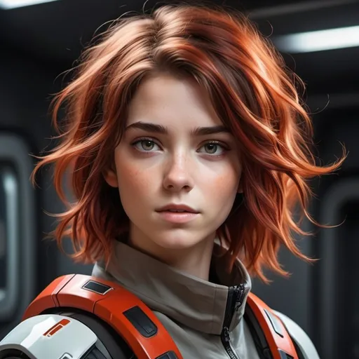 Prompt: Sci-fi protagonist with brown hair with fiery red highlights 