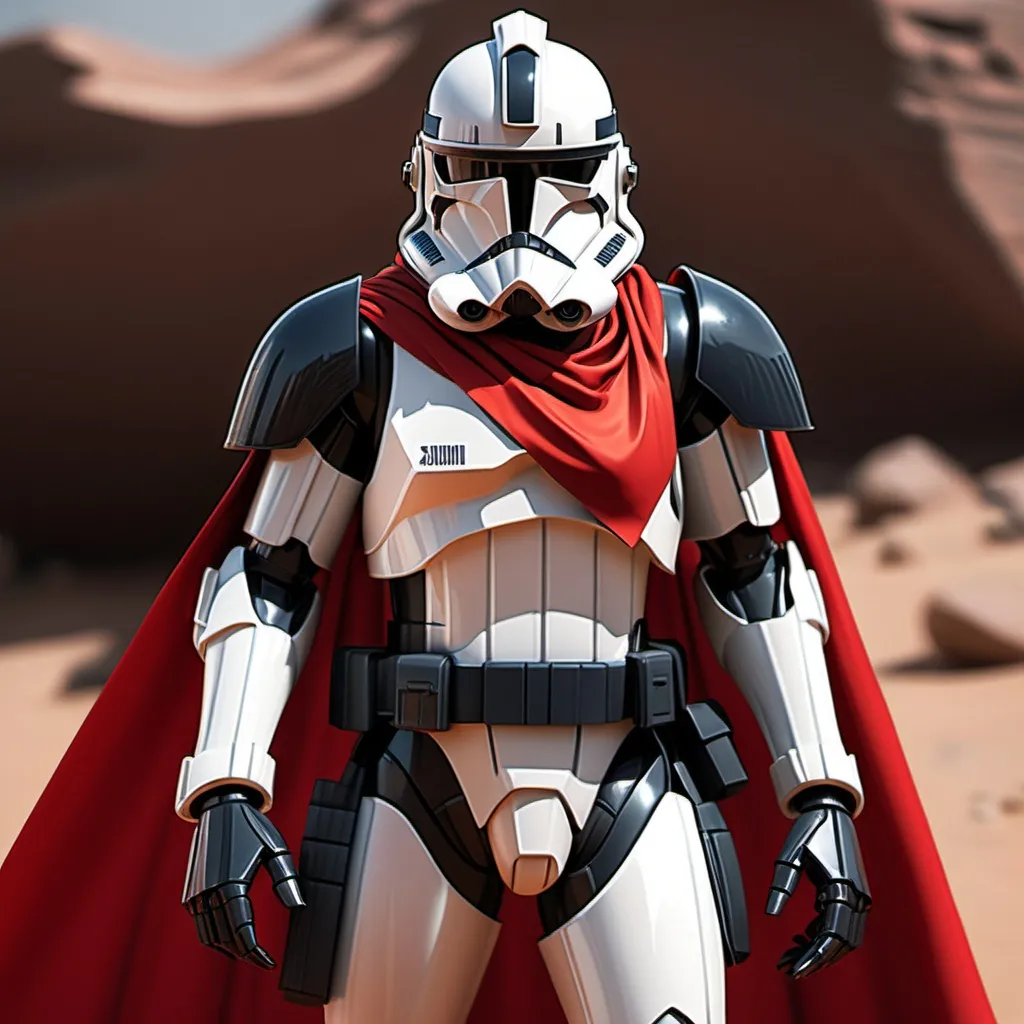 Prompt: Sci-fi Clone trooper wearing obsidian power armor with scarlet shoulder cape 
