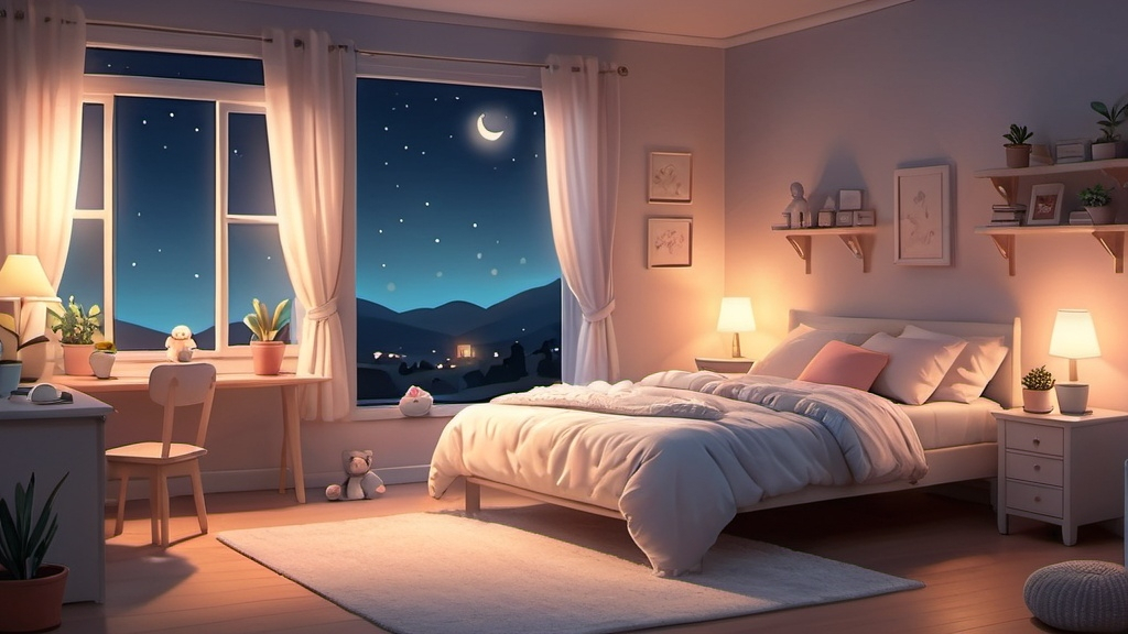 Prompt: soft calming cartoon image of a bedroom 