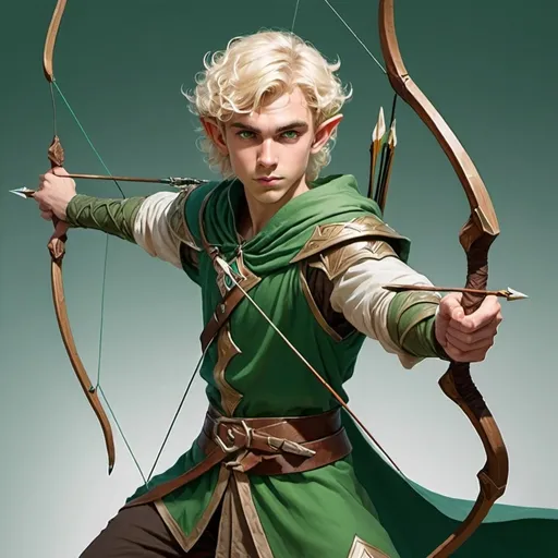 Prompt: A dungeons and dragons character. HighELf Sorcerer. Young man, short curly blond hair, has a long bow and arrow. wearing green clothes.
