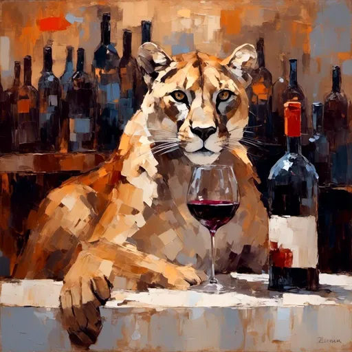 Prompt: <mymodel> mountain lion drinking red wine at a restaurant