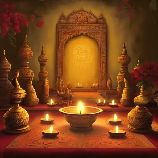 Prompt: Create an image that combines photorealism and painting styles. The central focus is an open, blank book symbolizing a 100-year anniversary. The book is surrounded by traditional Indian diyas (small oil lamps), which emit a warm, soft glow. The image should have a serene and celebratory atmosphere, with a balance between realistic textures and artistic brushstrokes. Ensure the scene is free from any text or religious symbols.