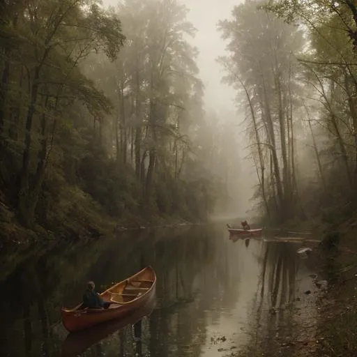 Prompt: Canoes, river, 1700s, oil painting, dream catcher, misty atmosphere, woods, forest