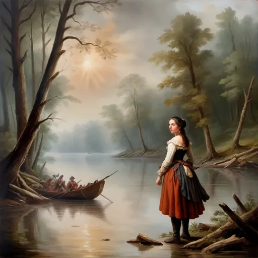 Prompt: Woman during french and indian war, 1700s, woods, misty atmosphere, oil painting, river