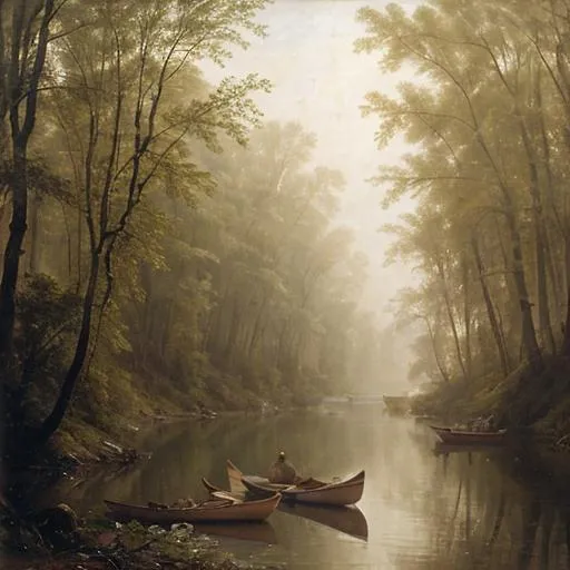 Prompt: Canoes, river, 1700s, oil painting, dream catcher, misty atmosphere, woods, forest