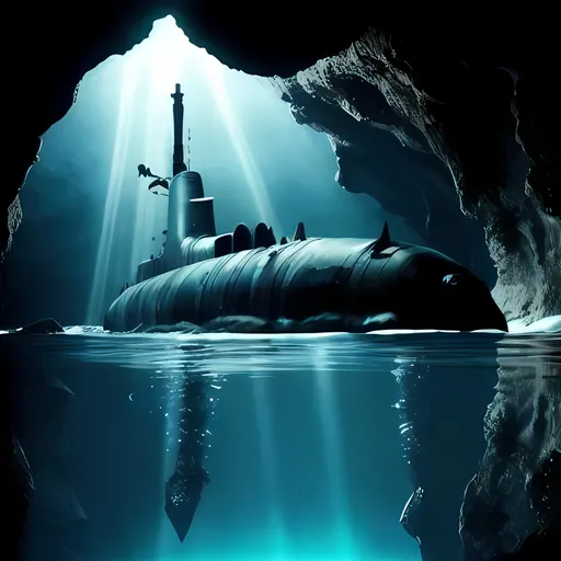 Prompt: Russian akula submarine in a cave above water, dark and mysterious, submarine emerging from the shadows, water reflections, detailed metallic textures, dramatic lighting, high quality, realistic, detailed, underwater, submarine, cave, dark and mysterious, metallic textures, dramatic lighting, reflections, intense atmosphere