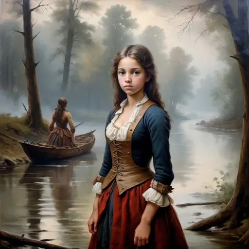 Prompt: girl during french and indian war, 1700s, woods, misty atmosphere, oil painting, standing by the river, mysterious gaze