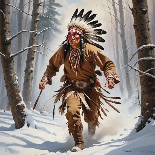 Prompt:  man in native american clothes in with war paint running in a snowy forest during 1700s, oil painting, rocky terrain, snow-covered trees, dynamic motion, winter landscape, detailed brushwork, historical theme, high quality, oil painting, dynamic action, snowy forest, rocky terrain, detailed brushwork, historical theme, professional, atmospheric lighting