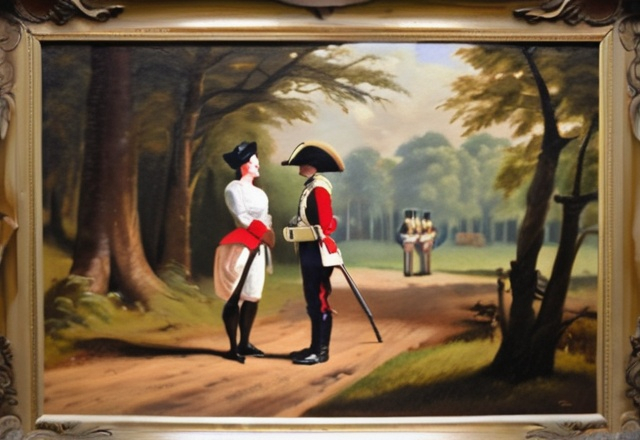 Prompt: colonial british soldier talking woman in the woods, oil painting, people, meeting