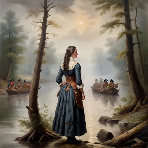 Prompt: Woman during french and indian war, 1700s, woods, misty atmosphere, oil painting, river