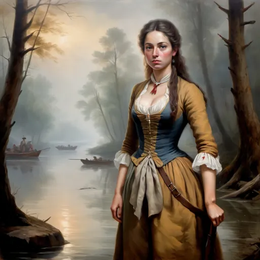 Prompt: Woman during french and indian war, 1700s, woods, misty atmosphere, oil painting, standing by the river, mysterious gaze