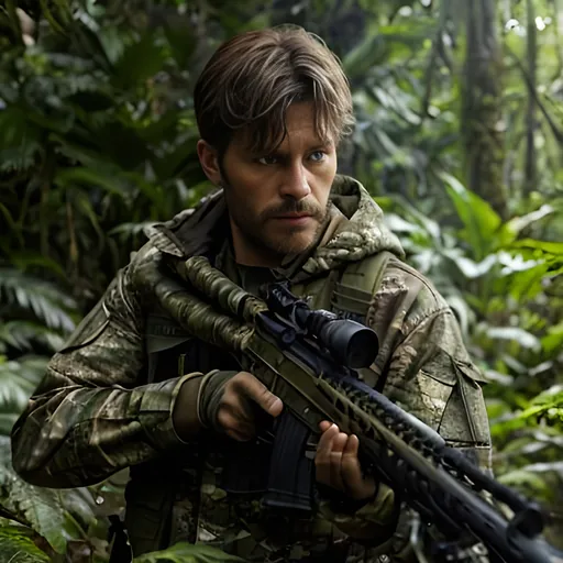 Prompt: Man in camouflage with pistol in dense jungle, realistic painting, detailed foliage, high quality, realistic, natural lighting, earthy tones, intense gaze, rifle with scope, professional, immersive forest setting