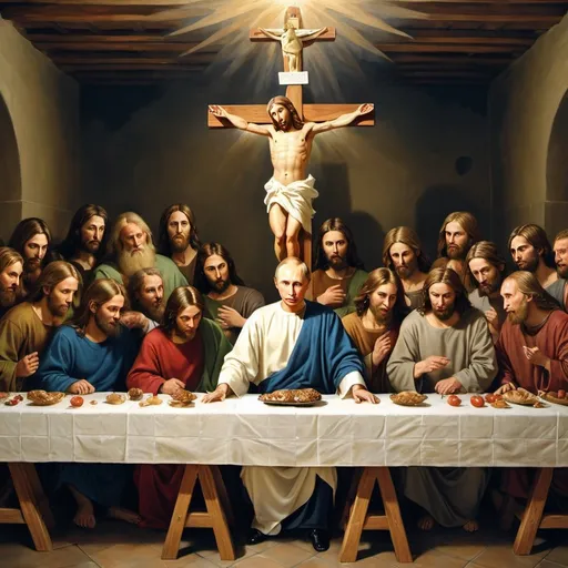 Prompt: Vladimir Putin instead Jesus on last supper painting