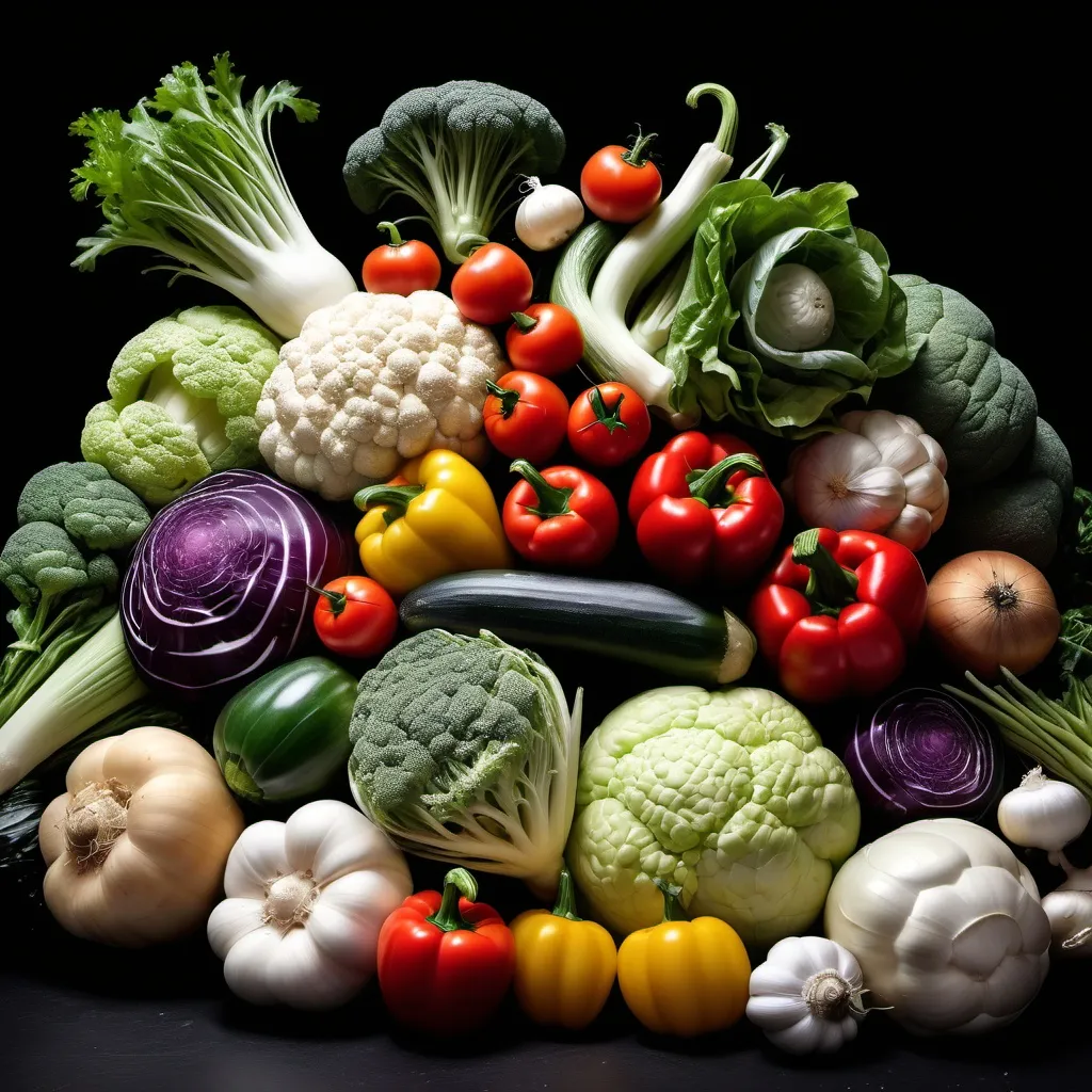 Prompt: a pile of different types of vegetables on a black background with a black background behind it and a black background behind it, Arcimboldo, neoplasticism, professional food photography, a stock photo