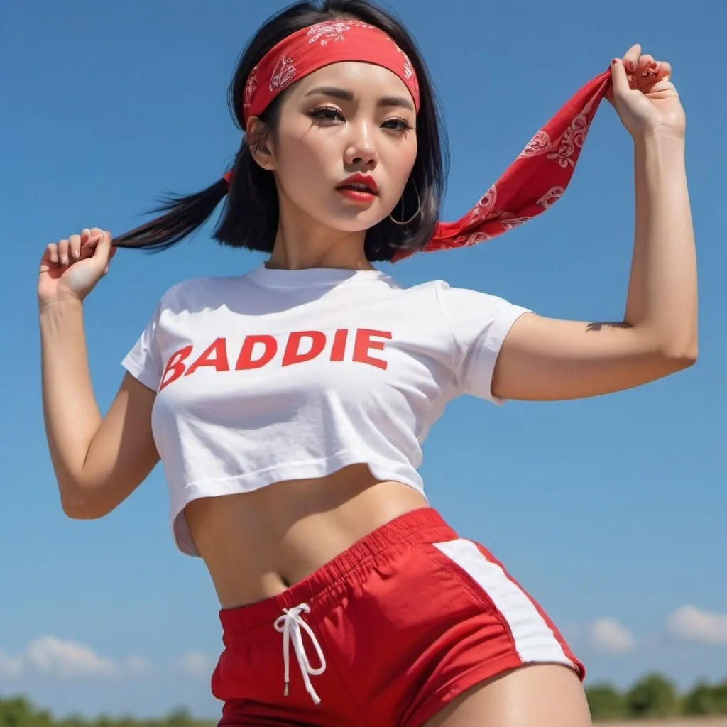 Prompt: 4k,oil painting ,high resolution,professional, bright colors , blue sky,modeling , law angle shot,show sport activity, a asian woman is modeling , red bandana on head,haircut,black hair, red sports shorts, white t-shirt ,focus on legs , close up on legs , modeling pose, shirt reads "baddie"