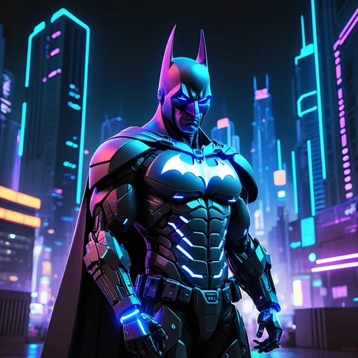 Prompt: Prompt: "A futuristic, AI-inspired Batman character standing in a neon-lit cyberpunk cityscape at night. The character has sleek, robotic armor with glowing blue lines, a high-tech cape resembling holographic projections, and a mask featuring angular, digital bat motifs. The eyes emit a bright white glow, and the background showcases towering skyscrapers, vibrant neon signs, and a misty atmosphere. The overall vibe blends cyberpunk aesthetics with a modern superhero design, perfect for a striking and stylish Instagram profile picture."