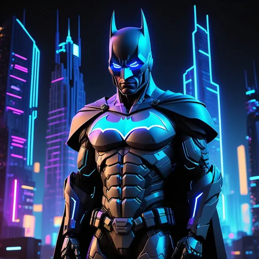 Prompt: Prompt: "A futuristic, AI-inspired Batman character standing in a neon-lit cyberpunk cityscape at night. The character has sleek, robotic armor with glowing blue lines, a high-tech cape resembling holographic projections, and a mask featuring angular, digital bat motifs. The eyes emit a bright white glow, and the background showcases towering skyscrapers, vibrant neon signs, and a misty atmosphere. The overall vibe blends cyberpunk aesthetics with a modern superhero design, perfect for a striking and stylish Instagram profile picture."