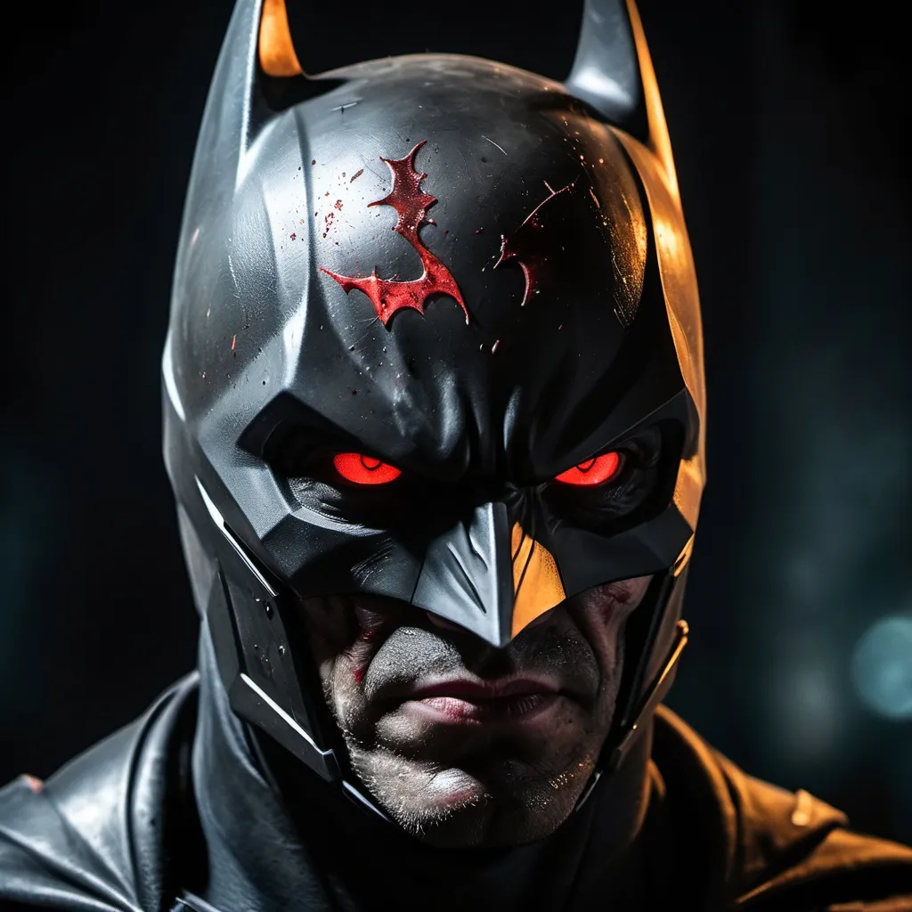 Prompt: A close-up portrait of a brutal, menacing Batman-inspired character. The face is partially shadowed, highlighting intense, glowing red eyes beneath a battle-worn, angular mask with sharp bat-like motifs. The helmet has scratches and dents, adding to the gritty, dark atmosphere. The character's expression exudes rage and determination, with a metallic jawline and subtle mechanical enhancements. The background is blurred and dark, with faint hints of blood-red light for a dramatic effect. The overall tone is fierce, intimidating, and perfect for a powerful Instagram profile picture