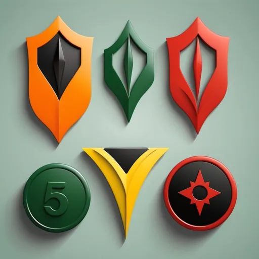 Prompt:  5 insigna of different colors green, yellow, orange, red and black