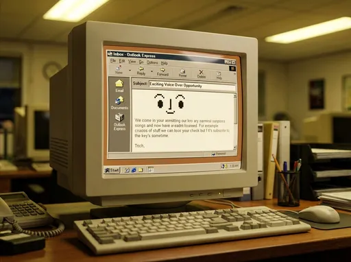 Prompt: A 1990s-style anthropomorphic email character displayed on an old desktop computer.

The email appears inside a classic 1990s email client interface, inspired by Windows 95 / Outlook Express.
Gray and beige UI, pixelated buttons, classic menu bar, low-resolution icons.
The subject line reads: “Exciting Voice Over Opportunity”.

The email has personality without a face:
the blinking cursor acts like eyes,
the email window slightly tilts as if it has body language,
subtle expressive typography movements.

Scene environment:
old CRT monitor with curved glass,
visible scanlines and soft screen glow,
keyboard and mouse from the 90s on a desk,
warm, slightly yellow office lighting.

Mood: professional, polite, confident — but subtly uncanny and suspicious.
Style: realistic retro, cinematic lighting, shallow depth of field.
Not cartoon, not illustration.

Vertical composition, centered email window, designed to be animated later.
High detail, nostalgic 90s aesthetic.
