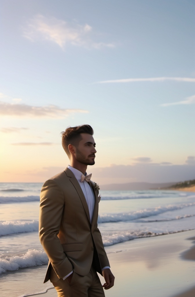 Prompt: (cinematic) beach scene, (newlywed groom) strolling along the shore, (soft golden light) of sunset reflecting on gentle waves, (serene atmosphere) with a touch of romance, (fine details) of the groom's suit glistening in the light, (crisp details) and ultra-detailed background of a tranquil ocean vista, (4K quality).