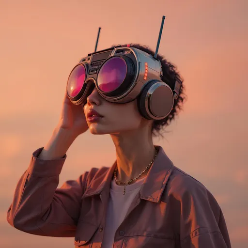 Prompt: Grabbing the control machine on her head