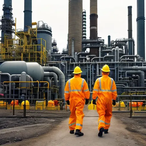 Prompt: Capture a scene within a bustling chemical plant where safety personnel, adorned in high-visibility gear including personnel protective equipment, conducting a thorough inspection.  The safety professionals, equipped with clipboards and inspection tools, move with purpose across the plant premises. The industrial landscape features towering chemical structures, pipelines, and various equipment.