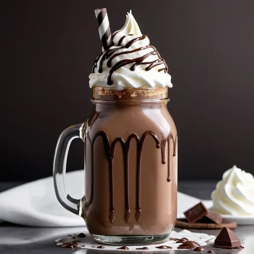 Prompt: Closeup shot of  (350 ml glass bottle) of chocolate milkshake topped with whipped cream. Similar to milkshakes bottles of holy shakes canda restaurant.

the glass bottle is looks like glass milk bottles. 
the whipped cream appeared inside the bottle neck.
with chocolate spread rim around glass bottle neck.
and with chocolate drizzle drips in the top of whipped cream.
Don't make the glass bottle with hand.
Don't make the glass bottle look like a jar.