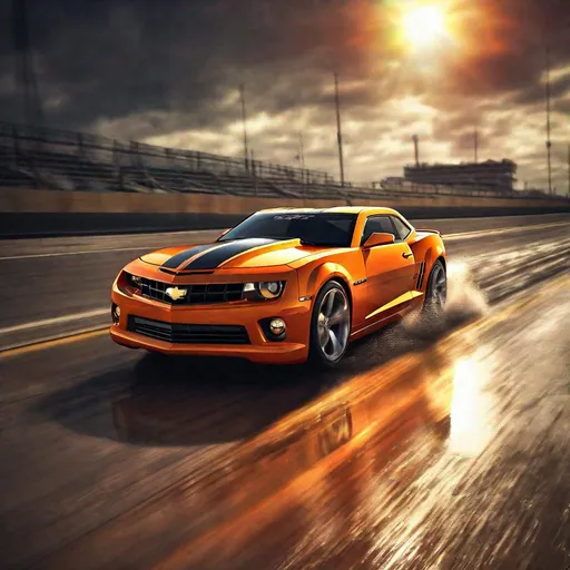 Prompt: Orange Chevrolet Camaro SS 2010, high-speed epic chase, dynamic drift, wet road, bright sun, high-quality, vibrant, action-packed, sports car, detailed reflections, intense sunlight, adrenaline rush, professional rendering, dynamic lighting, dramatic shadows