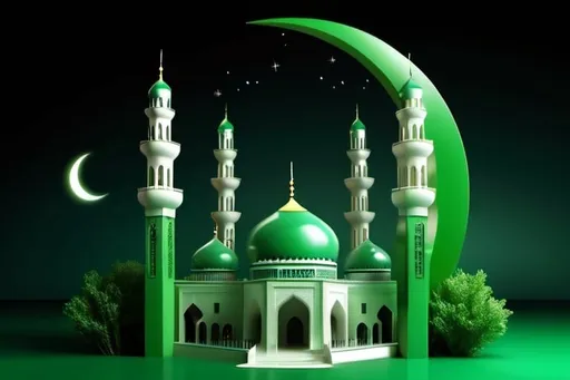 Prompt: 3d high quality image of crescent and a mosque and the phrase "Ramadan Kareem" background Variant degree of green it should be cheerful very realistic 