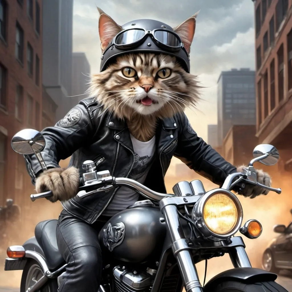 Prompt: Realistic depiction of a cat, heavy metal fan, riding a chopper bike, realistic style, detailed fur, expressive eyes, leather jacket and pants, cool motorcycle helmet, high quality, detailed realism, metal music enthusiast, powerful stance, urban background, roaring engine sound, fierce expression, intense lighting, biker lifestyle