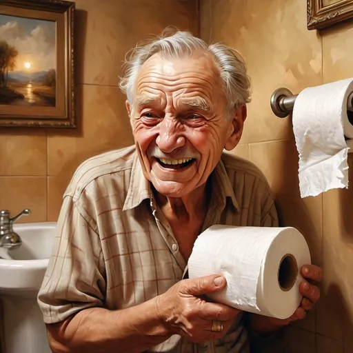 Prompt: Detailed, realistic illustration of an elderly man, traditional oil painting, vintage bathroom interior, hearty laughter, wrinkled and expressive face, toilet paper roll in the background, soft warm lighting, high quality, realistic, traditional, vintage, expressive face, laughter, bathroom interior, detailed wrinkles, oil painting, warm tones, atmospheric lighting