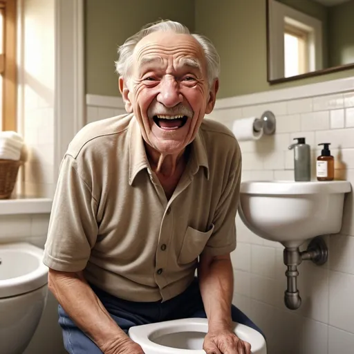 Prompt: Realistic illustration of an old man, bathroom setting, genuine laughter, detailed wrinkles, natural lighting, high quality, realism, elderly, toilet bowl, humorous, natural colors, authentic expression, indoor scene, laughter lines, traditional art style, genuine emotion, well-lit, highres, ultra-detailed, realistic, humorous scene
