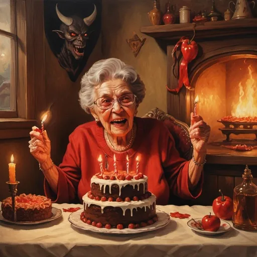 Prompt: Satan celebrating his grandma's birthday, oil painting, detailed grandma, devilish atmosphere, warm and inviting, high quality, realistic, warm tones, atmospheric lighting, detailed facial features, traditional art style, extravagant birthday cake, vintage interior, cozy ambiance