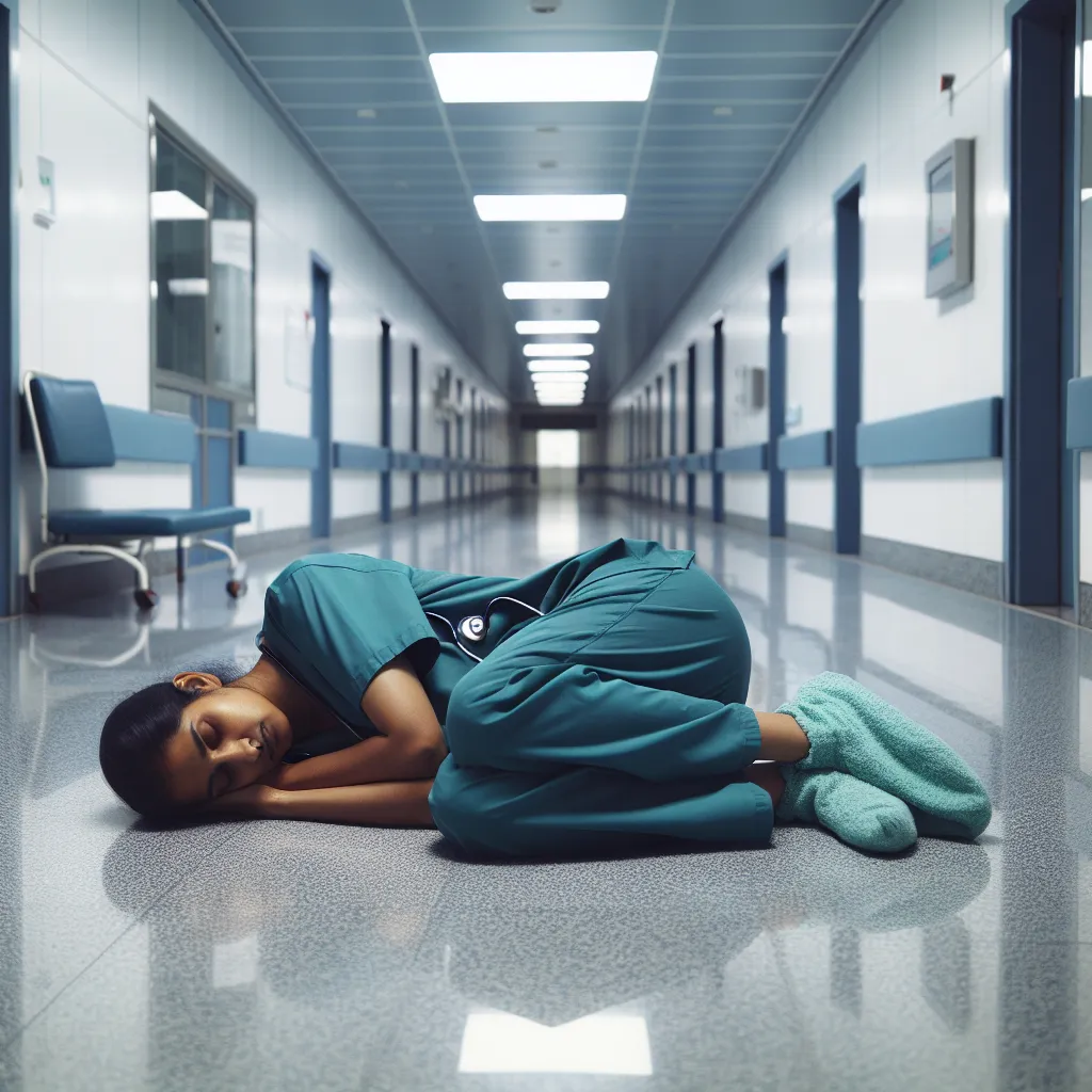 Prompt: Indian nurse in scrubs, sleeping on the floor in the hospital hallway, realistic 