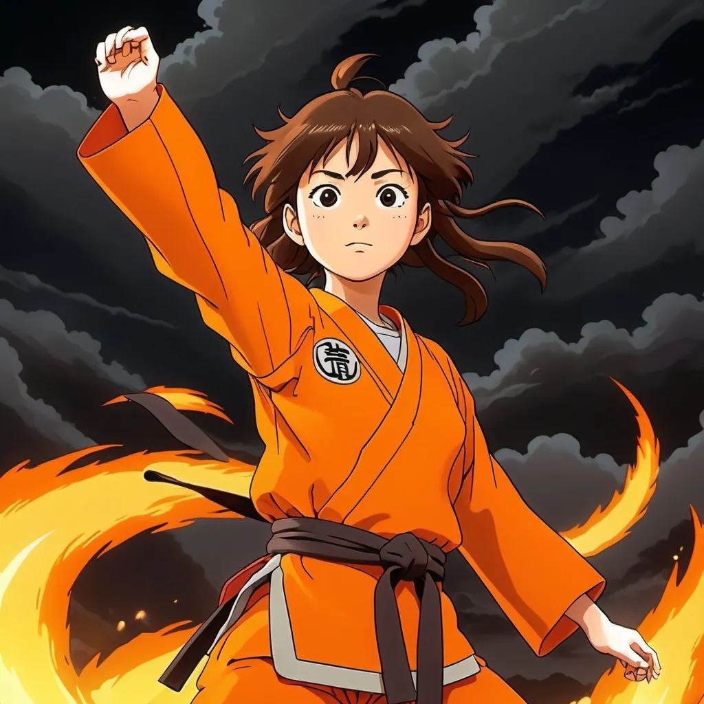 Prompt: studio ghibli, 2d, medium shot, young female adult, arms along the body, intense stare, orange karate clothes all parts same color, epic background, fire and dark sky, dark clouds, orange light, 