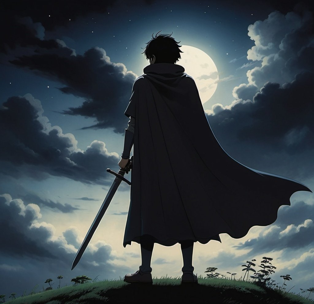 Prompt: studio ghibli, black shadow figure with cape and sword, epic dark sky background