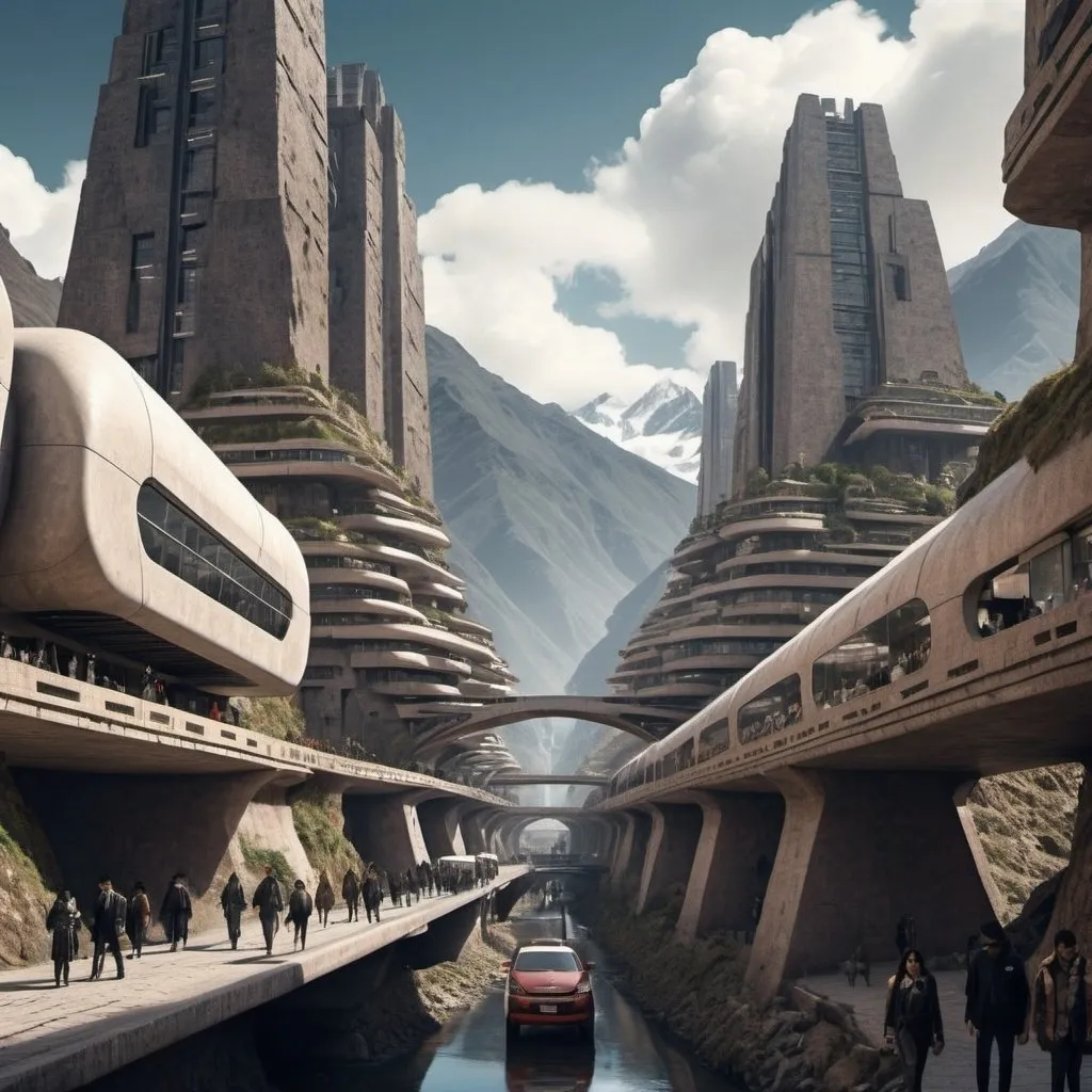 Prompt: Image of a futuristic incan megacity in the andes mountains street view with high fashion people had there been no colonization. Using incan aesthetics and architecture, bridges and tunnels between the mountains and futuristic transportation with beautiful landscapes and ultra high tech infrastructure. almost similar to cyberpunk 