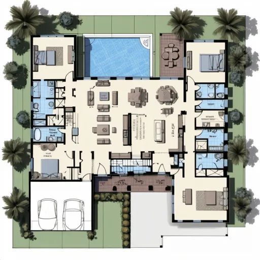 Prompt: (detailed house plan), architectural blueprint, intricate design elements, room dimensions, floor layout, elegant lines, clean aesthetics, top-down view, harmonious proportions, with an emphasis on space efficiency, graph paper style, (high-quality, ultra-detailed) rendering, vibrant color scheme to highlight areas, contemporary charm, inviting ambiance in the layout, functional space utilization.